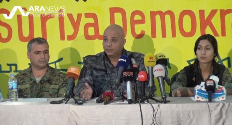 Leadership of the Syrian Democratic Forces speaking to a press conference in Hasakah. Photo: ARA News 